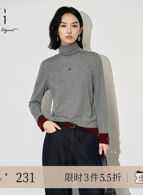 XG雪歌撞色拼接绵羊毛长袖T恤2025冬季新款烫钻设计灰色上衣女装