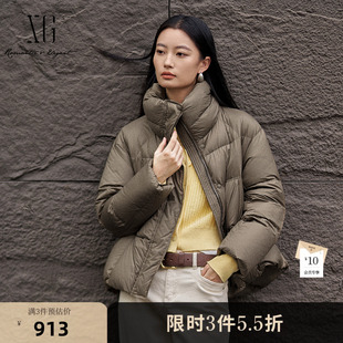 XG雪歌军绿色短款鹅绒羽绒服2025冬季新款厚款长袖面包服外套女装