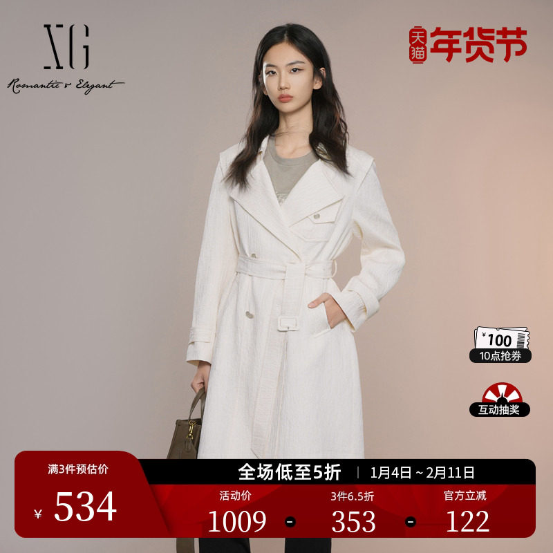 XG雪歌米白色中长款休闲风衣2025秋季新款通勤简约翻领长袖外套女,女装/女士精品,风衣,淘宝优惠券,粉丝福利购,淘宝优惠卷
