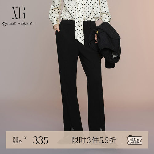 XG雪歌黑色通勤简约微弹休闲裤2025秋季新款开叉设计微喇长裤女装