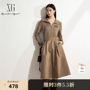 XG雪歌领带搭配假两件连衣裙2025春季 褐色套头长袖 中长裙女装 新款