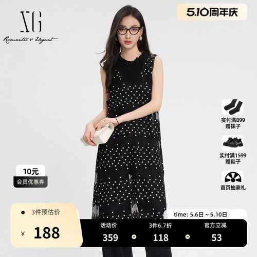 XG雪歌黑色圆点淑女风无袖连衣裙时尚夏季新款网纱背心中长裙女装