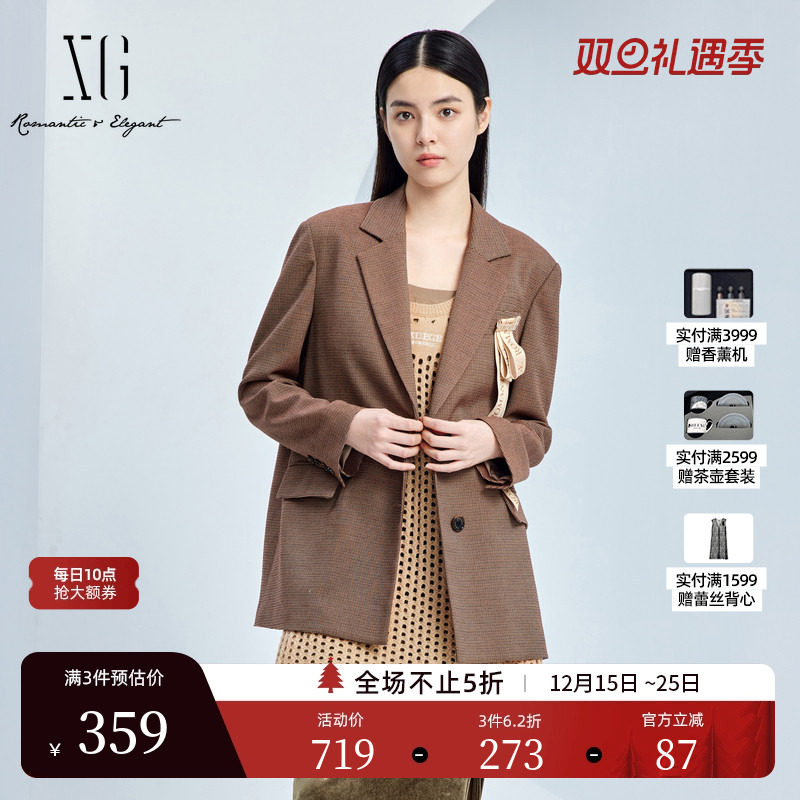 XG雪歌复古格纹长袖休闲西装时尚秋季新款通勤简约深咖色外套女装