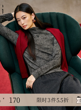 XG雪歌烫钻设计深灰色长袖T恤2025冬季新款修身设计高领上衣女装