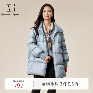 中螺纹拼接翻领长款 XG雪歌浅蓝色长袖 新款 冬季 外套女 鸭绒外套时尚