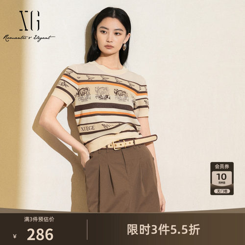 XG雪歌字母提花设计毛针织衫2025夏季新款通勤棉感短袖套头毛衫女