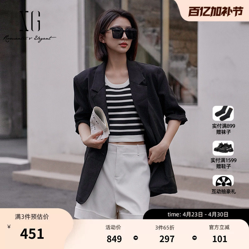 XG雪歌黑色翻领西装外套2026夏季新款中袖卷边职场直筒短上衣女装