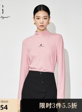 XG雪歌字母印花粉色半高领T恤时尚冬季新款通勤修身短款长袖T恤女