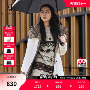 XG雪歌米白色长袖鹅绒羽绒服2025冬季新款中长款连帽设计外套女装