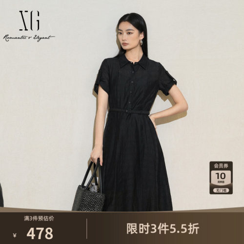 XG雪歌气质通勤莱赛尔连衣裙2025夏季新款黑色短袖翻领衬衫裙女装
