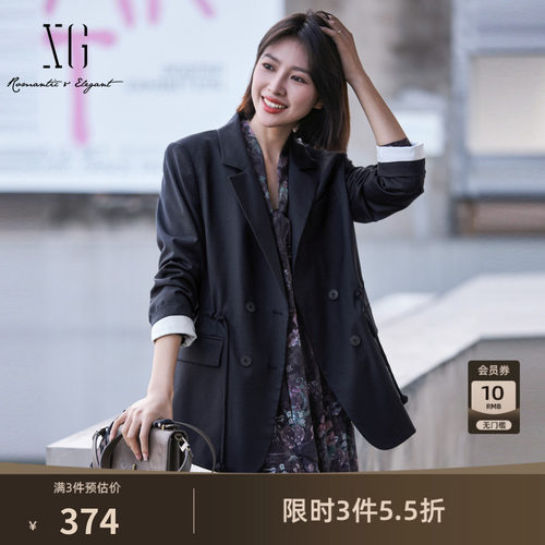 XG雪歌黑色通勤长袖休闲西装2025春季新款抽绳收腰设计翻领外套女