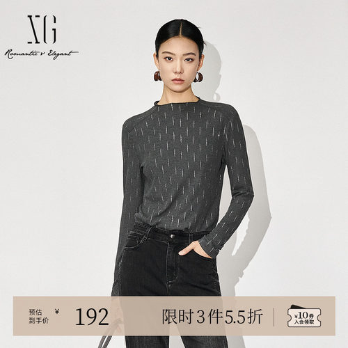 XG雪歌通勤风创意印花长袖T恤2025冬季新款修身设计圆领上衣女装