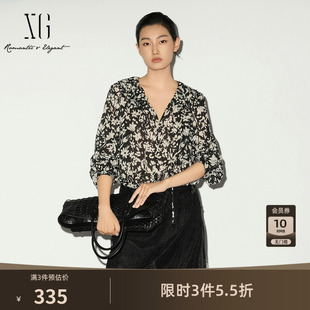 XG雪歌纯棉花版长袖衬衫2026春季新款 V领荷叶边垂感丝带上衣女装