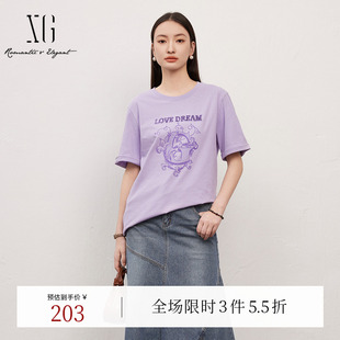 上衣女 XG雪歌淡紫纯棉字母亮片T恤时尚 夏季 新款 宽松正肩休闲短袖