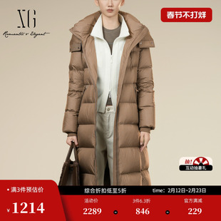 XG雪歌中长款咖色鹅绒羽绒服2025冬季新款连帽设计厚款长袖外套女