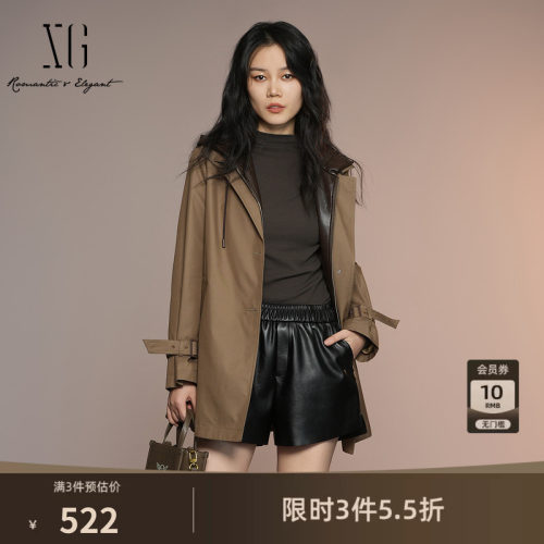 XG雪歌卡其色中长款休闲风衣2025秋季新款通勤棉感长袖连帽外套女