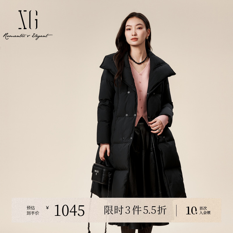 XG雪歌黑色长袖白鸭绒羽绒服时尚冬季新款通勤长款加厚保暖外套女