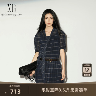 【单件立减】XG雪歌条纹短袖两件套连衣裙2026夏季新款飘带中裙女