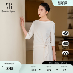 衬衫 上衣女装 2026春季 直筒绑带配胸针短款 新款 XG雪歌白色圆领中袖