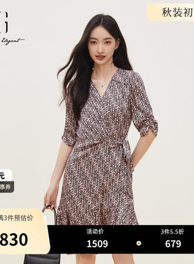 XG雪歌花版桑蚕丝V领中袖连衣裙2026夏季新款收腰绑带A字中裙女装