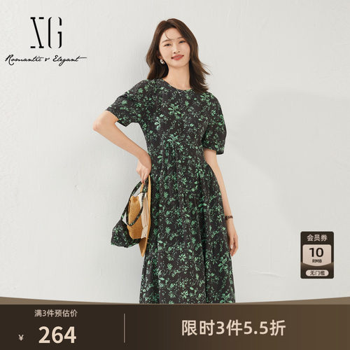 XG雪歌复古碎花短袖连衣裙 时尚夏季新款搭配小包时尚通勤A字裙女