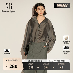 XG雪歌翻领长袖衬衫2026春季新款深色宽松直筒显瘦搭配叠穿上衣女
