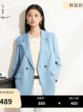 XG雪歌挺括设计长袖休闲西装2025春季新款灰蓝色通勤醋纤外套女装