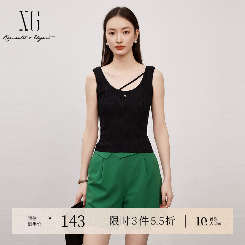 XG雪歌黑色短款毛织无袖背心2025春季新款设计感工字打底内搭女装