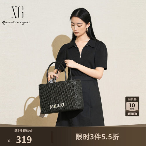 XG雪歌黑色通勤风短袖连衣裙2025夏季新款高腰棉感翻领A字短裙女