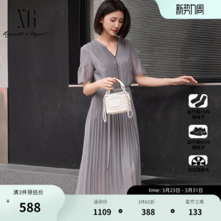 百褶设计套头中长裙女装 XG雪歌银灰色薄款 新款 连衣裙2025夏季 短袖