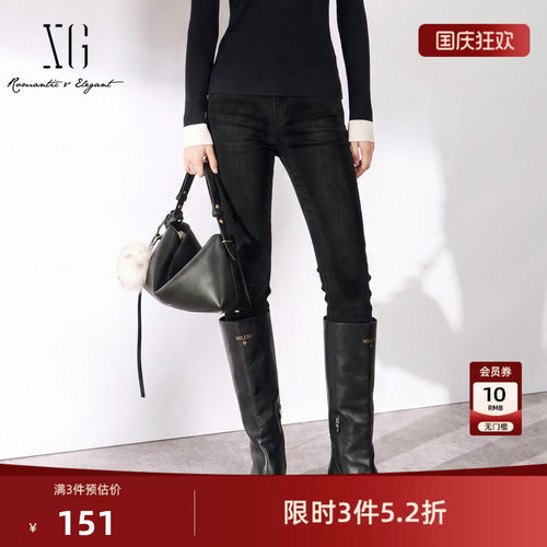 XG雪歌黑色棉感修身直筒牛仔裤2026冬季新款通勤休闲铅笔长裤女装