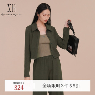 短款 新款 修身 军绿色上衣女装 翻领衬衫 XG雪歌通勤简约长袖 2025春季