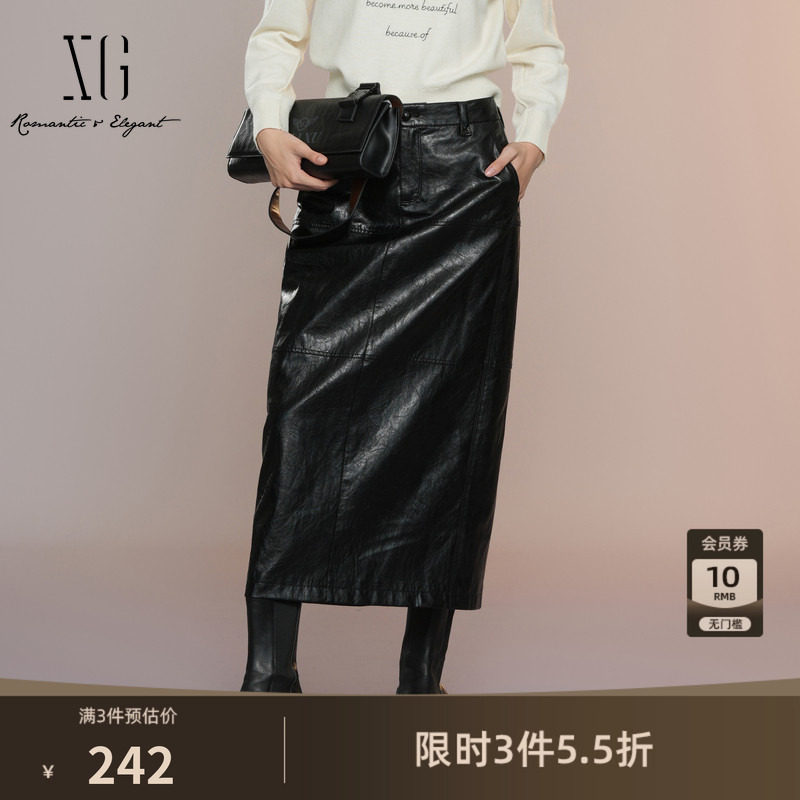 XG雪歌黑色复古街头风半身裙2025秋季新款通勤简约中长款A字裙女