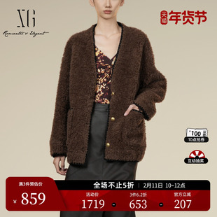 XG雪歌厚款长袖纯绵羊毛外套2025冬季新款深棕色中长羊羔绒大衣女
