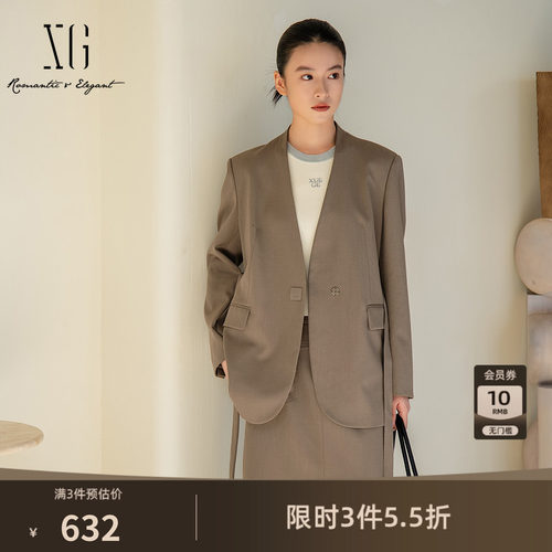 XG雪歌灰绿羊毛混纺休闲西装2026春季新款通勤简约收腰长袖外套女