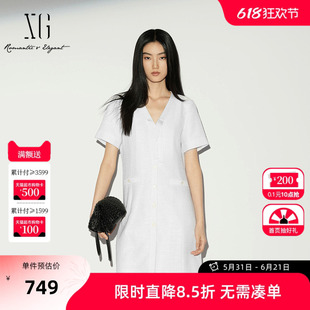 【单件立减】XG雪歌白色V领飘带短袖连衣裙2026夏季新款 收腰裙女