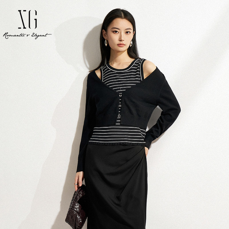XG雪歌露肩设计长袖毛针织衫2025春季新款条纹假两件绵羊毛毛衫女,女装/女士精品,毛针织衫,淘宝优惠券,粉丝福利购,淘宝优惠卷