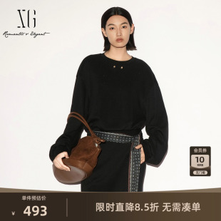 【单件立减】XG雪歌藏青色配飘带圆领长袖卫衣短款2026秋季新款女