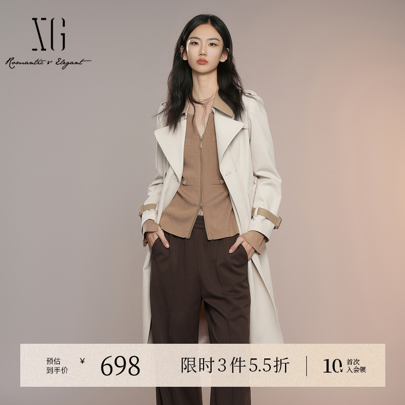XG雪歌浅米色中长款休闲风衣2025秋季新款长袖翻领双排扣外套女装