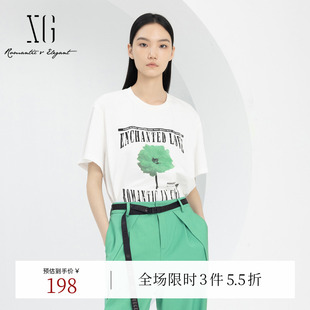 白色通勤圆领纯棉上衣女 XG雪歌创意花卉印花短袖 T恤时尚 春季 新款