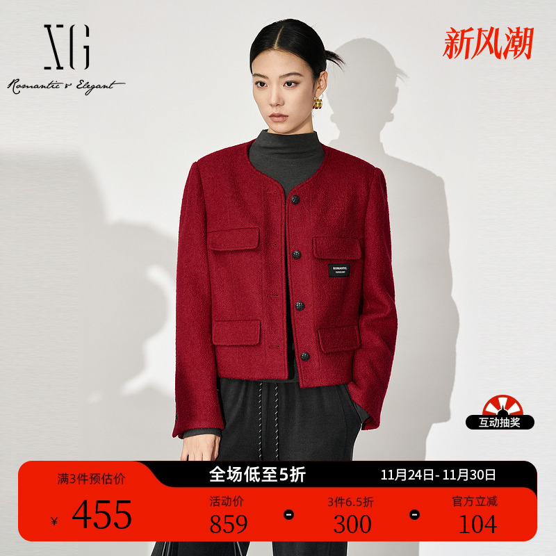 XG雪歌红色纯绵羊毛短外套时尚冬季新款通勤简约圆领毛呢外套女装