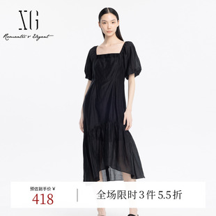 高腰气质中长裙子女 XG雪歌黑色不规则方领连衣裙时尚 夏季 新款 短袖