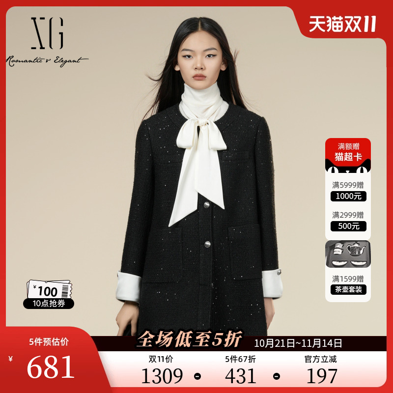 XG雪歌黑色拼接设计毛呢外套2025冬季新款中长款绵羊毛圆领大衣女