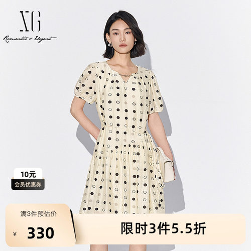XG雪歌短袖波点莱赛尔连衣裙2025夏季新款薄款短袖圆领A字裙女装