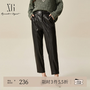 时尚 女装 冬季 通勤简约皮质直筒裤 新款 XG雪歌黑色街头风运动休闲裤