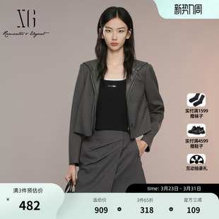 短外套女装 XG雪歌深灰色连帽短外套2025秋季 拼接皮衣长袖 西装 新款