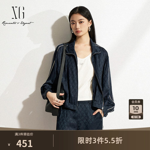 XG雪歌深蓝色长袖翻领短外套2025春季新款街头风满版纯棉外套女装