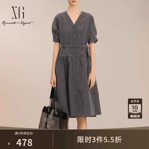 XG雪歌深灰色网纱设计连衣裙2025夏季新款中长款通勤短袖A字裙女