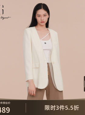 XG雪歌纯醋纤V领西装2026春季新款 网纱拼接白色职场长袖外套女装