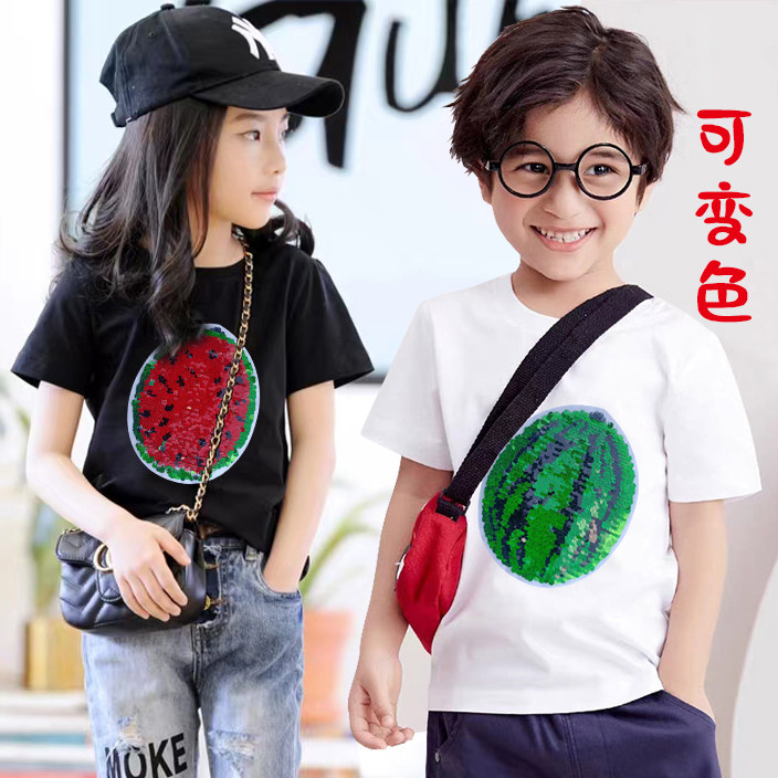 儿童t恤白色男女童短袖2023草莓西瓜奥特曼兔子亮片变色夏季童装